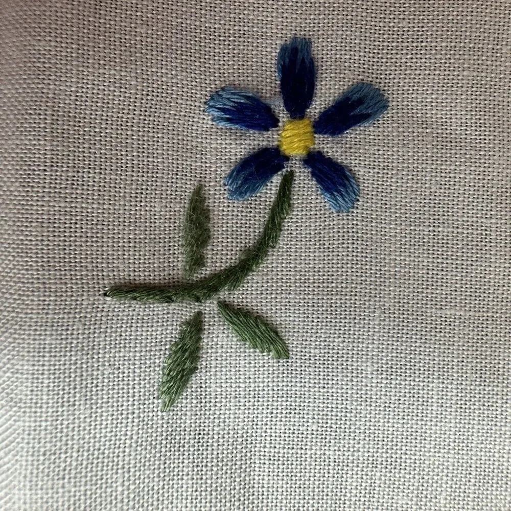 Vintage Hand Embroidered Table Runner White Cotton Floral Hemstitched 34x15.5